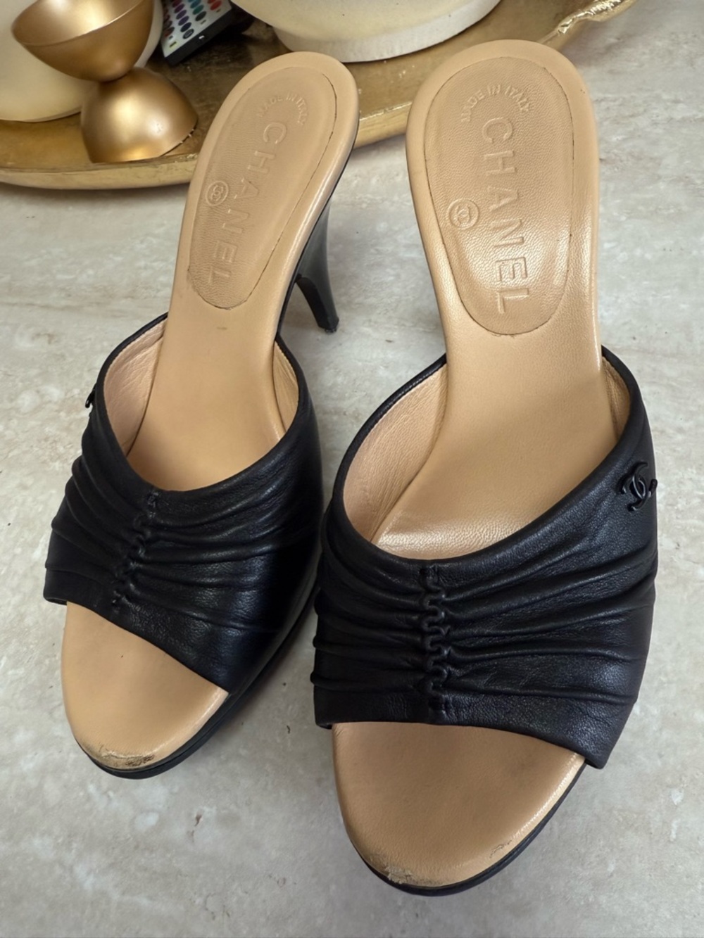 CHANEL Black Leather Ruched Open-Toe Mules with Tan Insole